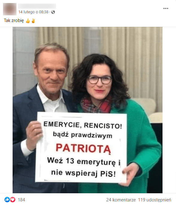 Zrzut ekranu posta na Facebooku. Post przedstawia stojących obok siebie Donalda Tuska i Aleksandrę Dulkiewicz, trzymających razem białą tabliczkę i patrzących w obiektyw. Tusk ubrany jest w granatowy garnitur i białą koszulę, Dulkiewicz w zielony płaszcz i czerwony szalik w kratkę oraz okulary.