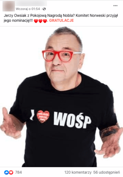 Post na Facebooku zawierający informacje o przyjęciu nominacji Jurka Owsiaka do Pokojowej Nagrody Nobla. Zdjęcie przedstawia Owsiaka ubranego w czarną koszulkę z białym napisem I (serce Wielkiej Orkiestry Świątecznej Pomocy) WOŚP 