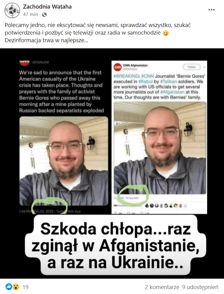 Zrzut ekranu wpisu na Facebooku, w którym podano, że śmierć dziennikarza została upozorowana dwa razy. Na wpis zareagowało kilkanaście osób, a kilka udostępniło go dalej.