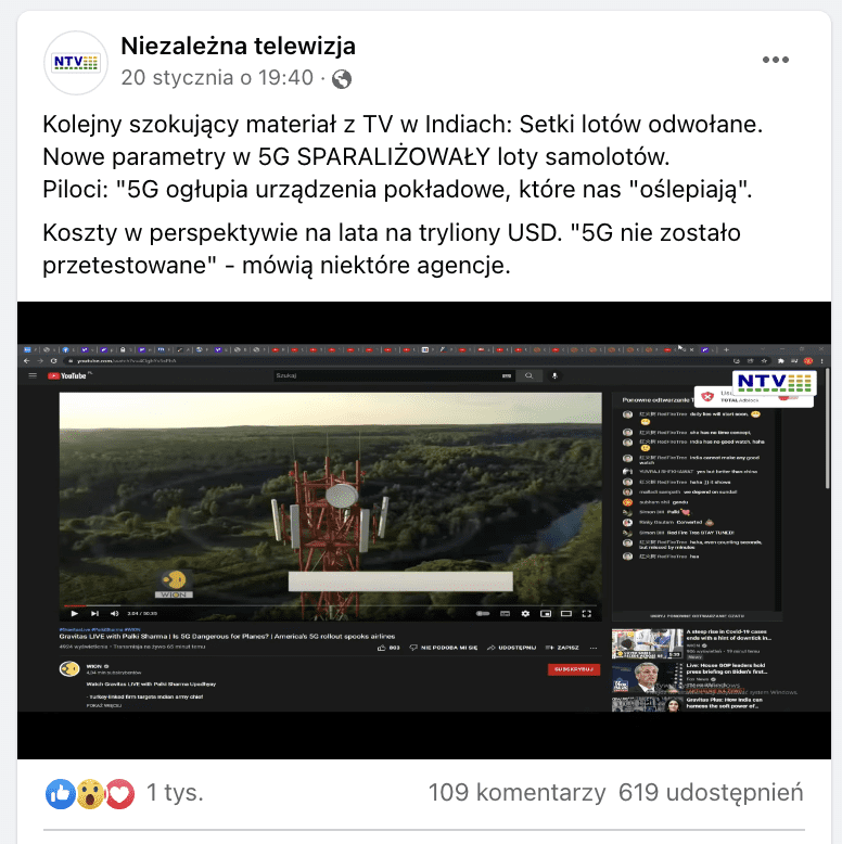 Zrzut ekranu na Facebooku. Dołączono do niego zdjęcie, na którym widać maszt telekomunikacyjny.