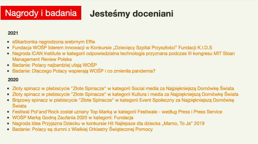 Lista nagród i badań ze strony Wielkiej Orkiestry Świątecznej Pomocy. Na zdjęciu widać wyróżnienia i badania za 2021 i 2020 rok