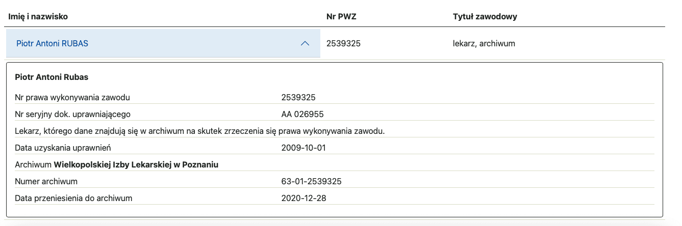 Zrzut ekranu przedstawiający dane Piotra Rubasa z archiwum Naczelnej Izby Lekarskiej