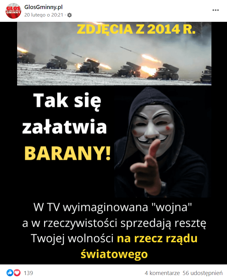 Zrzut ekranu wpisu na Facebooku, do którego dołączono grafikę informującą, że media manipulują zdjęciami, żeby siać strach i przyczynić się do zniewolenia ludzi.