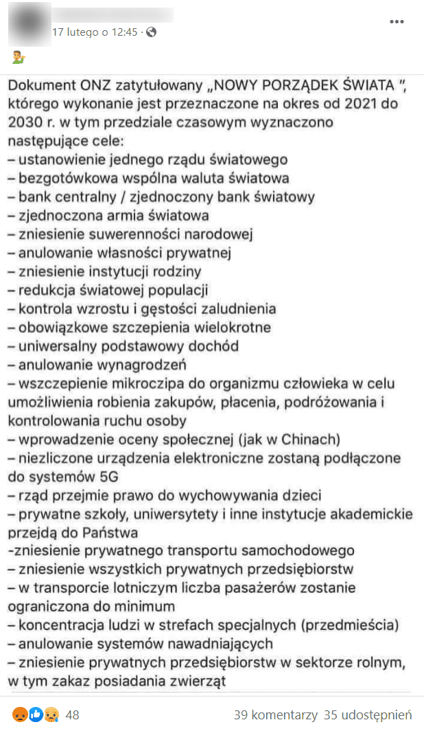 Zrzut ekranu wpisu na Facebooku, w którym można zapoznać się z rzekomymi zapisami o Nowym Porządku Świata. Na wpis zareagowało ponad 40 osób, a 35 udostępniło go na swoich tablicach.