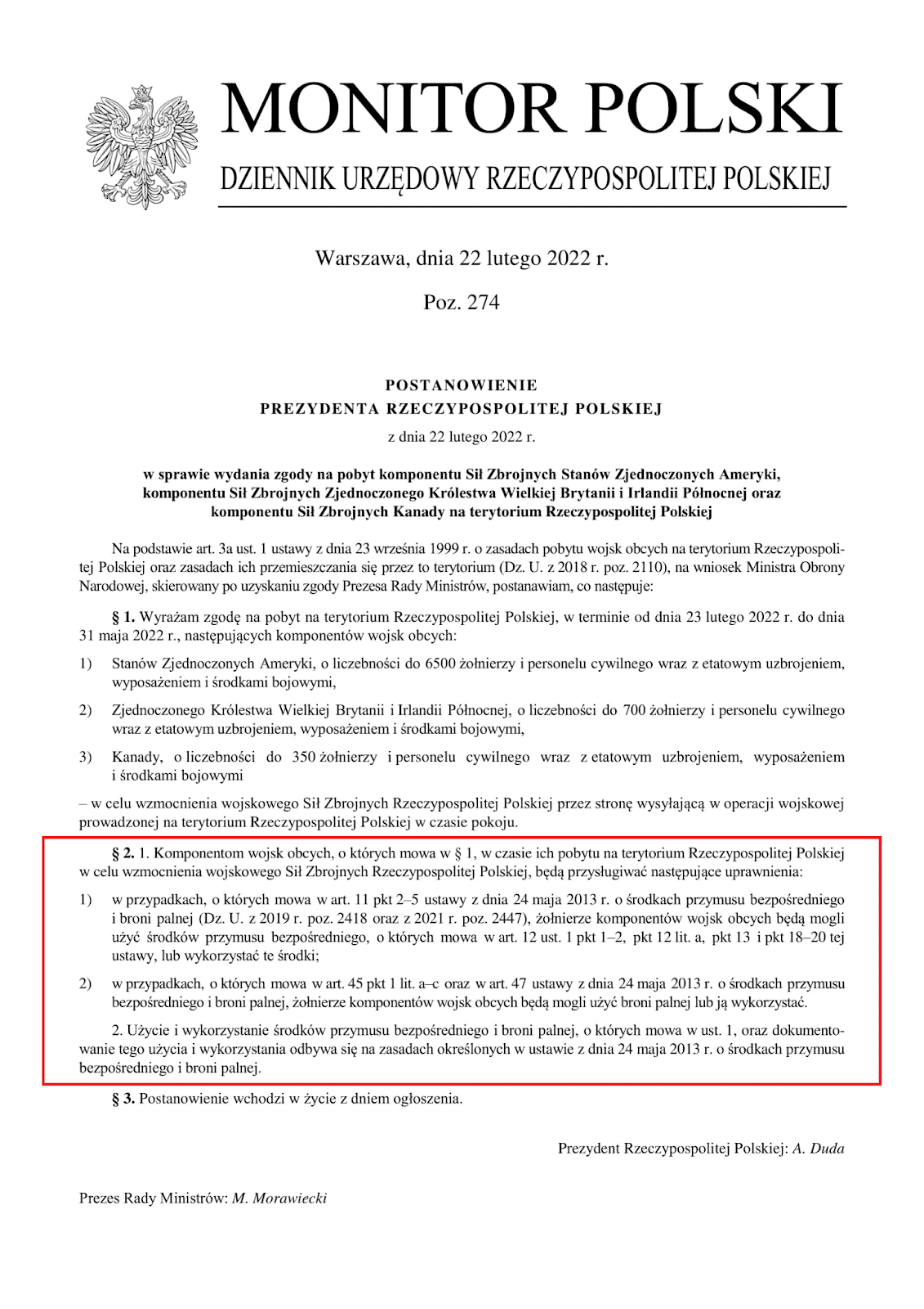 Zrzut ekranu z Monitora Polskiego, w którym zamieszczono postanowienie prezydenta w sprawie nadania uprawnień sojuszniczym żołnierzom.