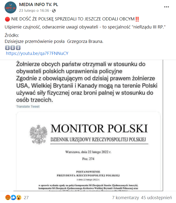 Zrzut ekranu wpisu na Facebooku, w którym przekazano informację o tym, że sojuszniczy żołnierze otrzymali policyjne uprawnienia.
