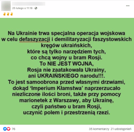 Wpis na Facebooku argumentujący rosyjską agresje