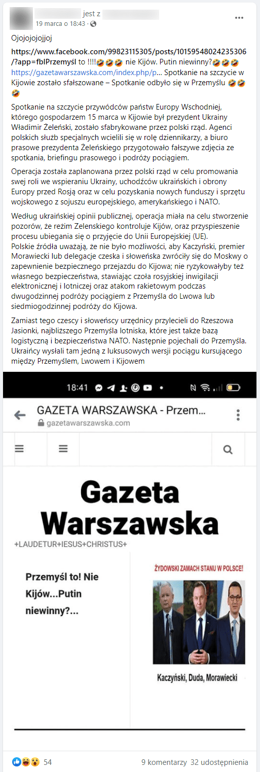 Zrzut ekranu posta opublikowanego na Facebooku. 