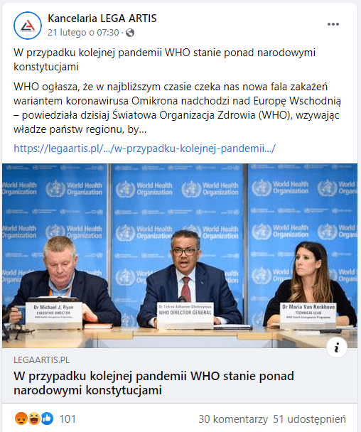 Zrzut ekranu z fanpage’u Kancelaria LEGA ARTIS na Facebooku. Na zdjęciu widzimy dr. Michael J. Ryana, dyrektora WHO Tedrosa Adhanoma i dr Marię Van Kerkhove.