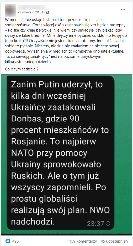 Zrzut ekranu posta na Faceboooku. Pod treścią widzimy zdjęcie wiadomości z komunikatora.