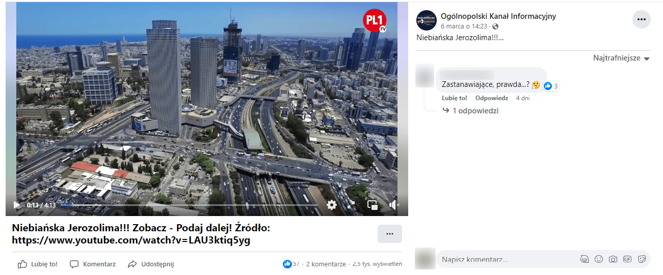 Zrzut ekranu posta na Facebooku. W kadrze filmu widzimy wybrzeże w Tel Awiwie i pasek informacyjny z napisem „NIEBIAŃSKA JEROZOLIMA”.