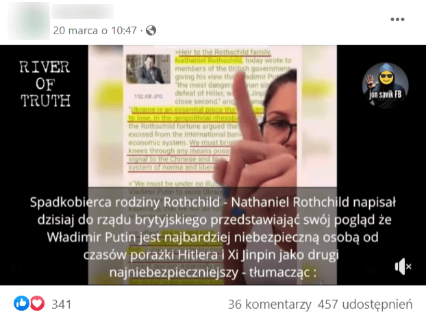 Zrzut ekranu wpisu na Facebooku, w którym pojawiło się nagranie na temat listu do brytyjskiego rządu. Na stopklatce widać kobietę, wskazującą palcem na treść rzekomego dokumentu. 