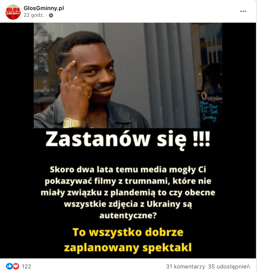 Post na Facebooku zawierający komunika o tym, że konflikt ukraiński to tylko spektakl