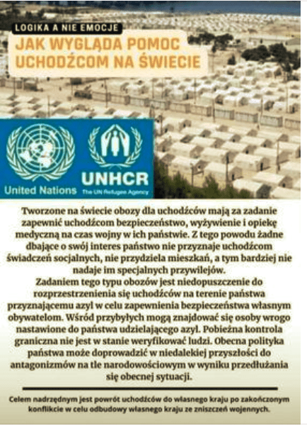 Post zawierający grafikę przedstawiającą rzekomy tekst dotyczący pomocy uchodźcom na świecie. Ilustrowany jest on zdjęciem przedstawiającym rzędy białych namiotów