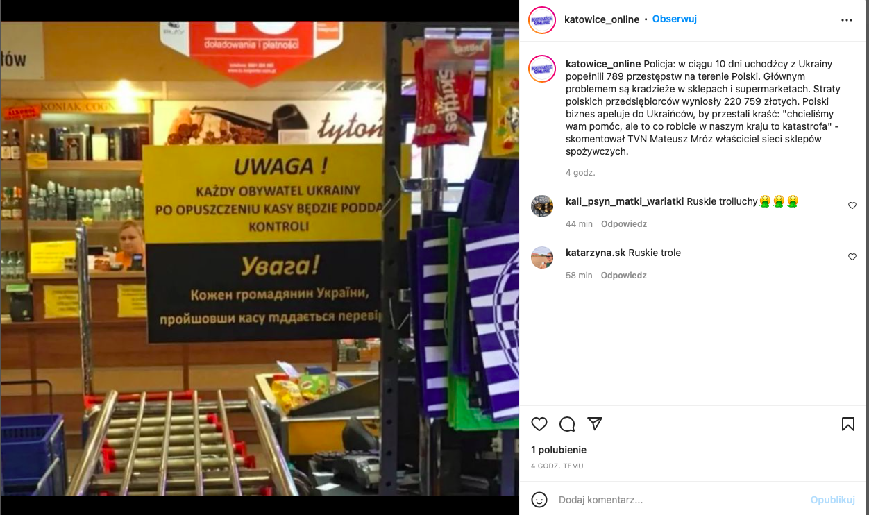 Post na Instagramie zawierający zdjęcie witryny sklepowej w Polsce informującej o kontrolowaniu osób narodowości Ukraińskiej po odejściu od kasy. Komunikat napisany jest po polsku i ukraińskie. Zdjęciu towarzyszy informacja o przestępstwach popełnianych przez uchodźców