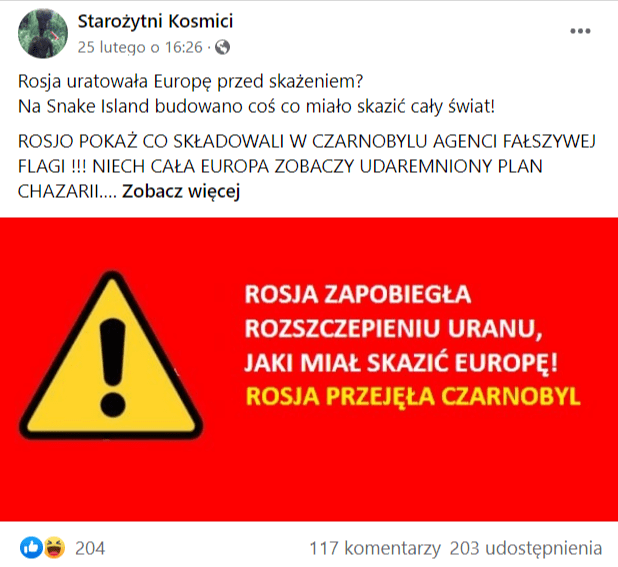 Zrzut ekranu wpisu na Facebooku, w którym przekonywano o istnieniu sekretnego spisku chazarskich żydów. Do wpisu dołączono grafikę z trójkątem ostrzegawczym, a obok niego dołączono napis: "Rosja zapobiegła rozszczepieniu Uranu, jaki miał skazić Europę!".