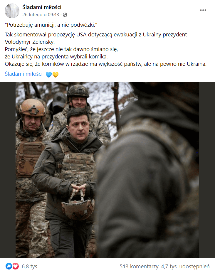 Zrzut ekranu wpisu na Facebooku, w którym zamieszczono zdjęcie ukraińskiego prezydenta z przejętym wyrazem twarzy w towarzystwie innych żołnierzy.