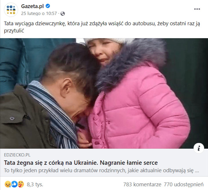 Zrzut ekranu wpisu na Facebooku, w którym udostępniono link do artykułu opatrzonego grafiką przedstawiającą zrozpaczonego ojca żegnającego się ze swoją córką.