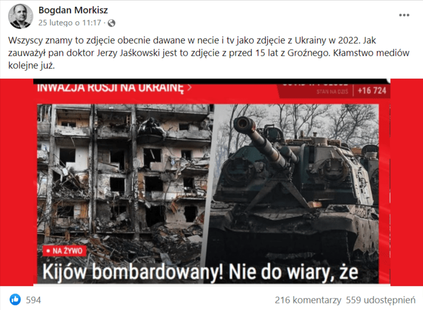 Zrzut ekranu wpisu na Facebooku, w którym przedstawiono dwa zdjęcia, w tym zdjęcie zniszczonego bloku mieszkalnego i czołgu. Na wpis zareagowało ponad 500 użytkowników i ponad 500 udostępniło go na swoich tablicach.