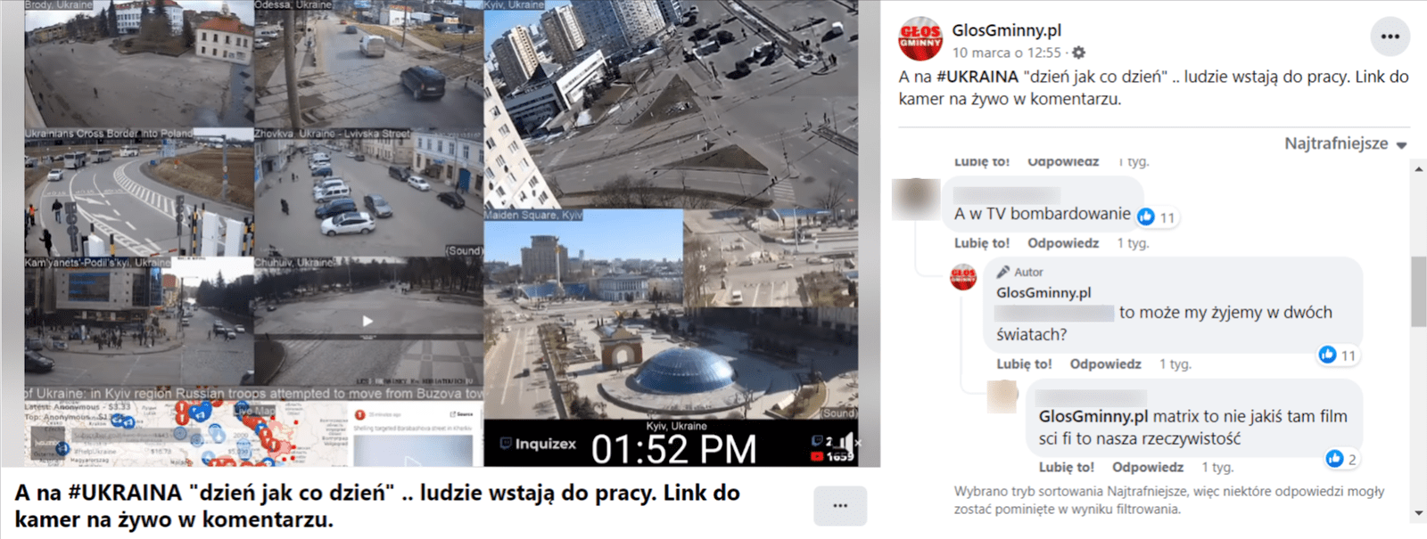 Screenshot of a Facebook post suggesting that photos from the war in Ukraine were in fact taken much earlier to deceive audiences of the largest media outlets. However, the photos presented really do depict the current conflict, an information that the author of the post has not checked or tried to verify in any way.