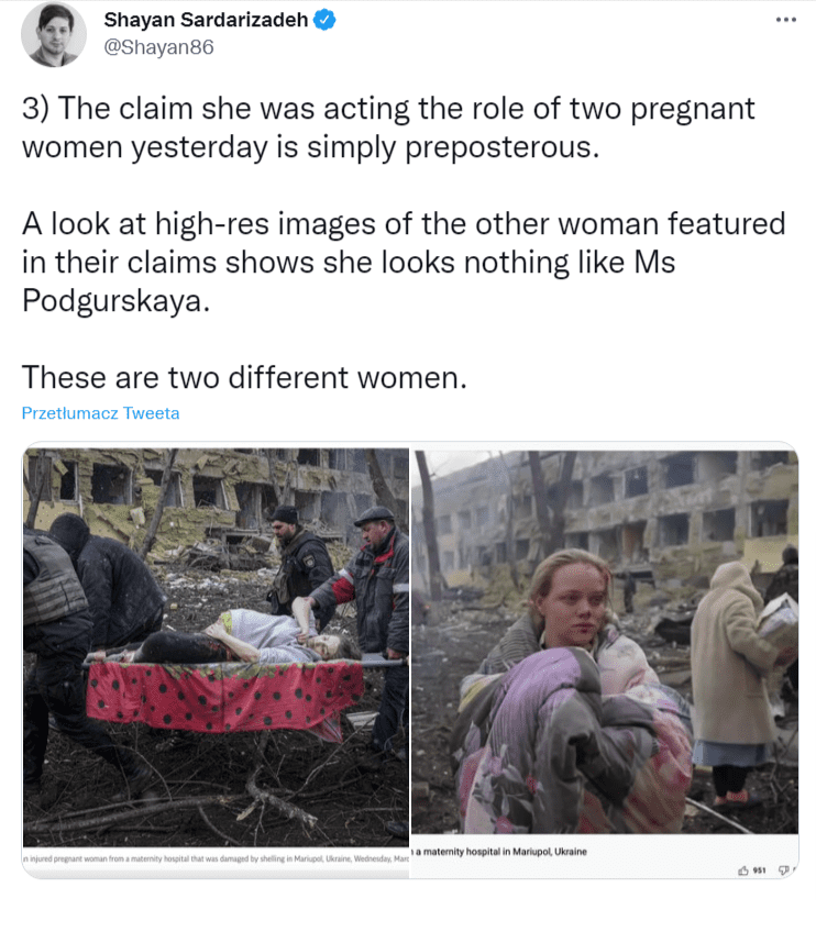 Zrzut ekranu wpisu na Twitterze, w którym dziennikarz Shayan Sardarizadeh zestawił dwie fotografie dwóch różnych kobiet.