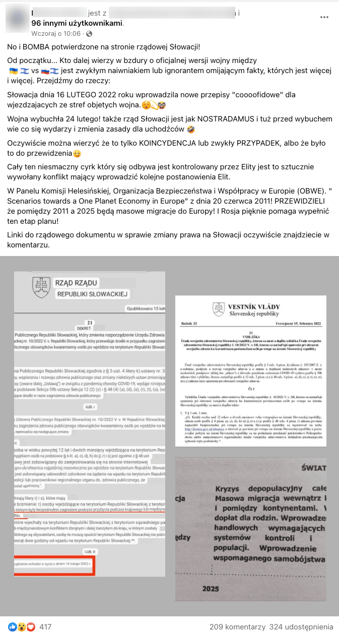 Zrzut ekranu z Facebooka. Do postu dołączono polskie tłumaczenie decyzji wydanej przez Urząd Zdrowia Publicznego Republiki Słowackiej regulujący zasady wjazdu uchodźców na teren Słowacji.