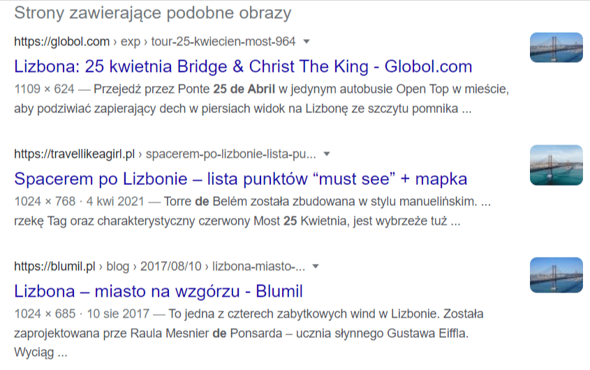 Wyniki wyszukiwania przy użyciu wstecznego wyszukiwania, które wskazują, na to, że zdjęcie przedstawia most w Lizbonie.