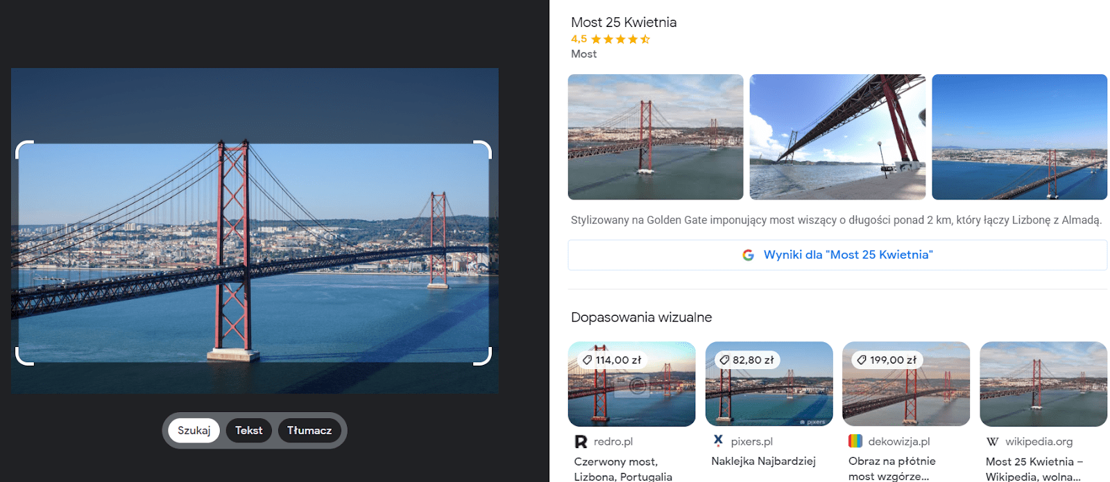 Zrzut ekranu z narzędzia Google Lens, które wskazuje na wyniki dopasowanych wizualnie obrazów.