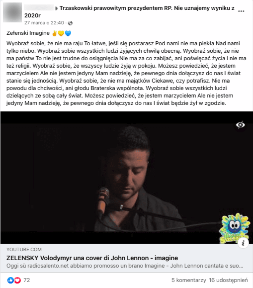 Zrzut ekranu przedstawiający post na Facebooku, w którym znajduje się link do nagrania z rzekomo śpiewającym prezydentem Żeleńskim