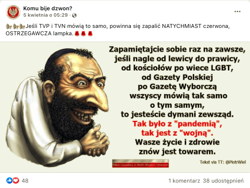Grafika zawierające treść sugerującą, że pandemia i wojna to spiski. Tekstowi towarzyszy antysemicka karykatura mająca nawiązywać do negatywnych stereotypów na temat Żydów.