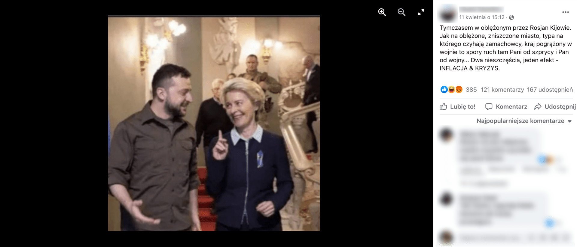 Zrzut ekranu przedstawiający post na Facebooku. Do wpisu dołączono zdjęcie Ursuli von der Leyen i Wołodymyra Zełenskiego. Widoczne są reakcje na post: 385 polubień, 121 komentarzy, 167 udostępnień.