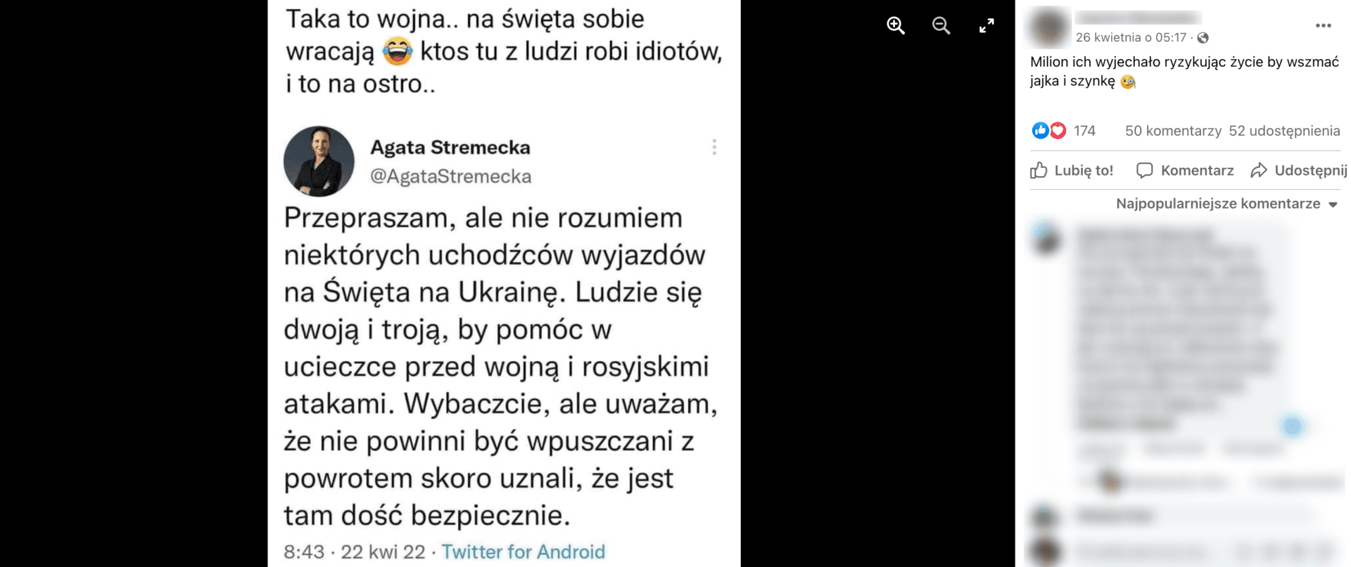 Zrzut ekranu z posta na Facebooku, w którym stwierdzono, że uchodźcy, którzy wyjechali do Ukrainy na święta, zamierzają wrócić do Polski. Wpis zdobył 174 reakcje, 50 komentarzy i 52 udostępnienia.