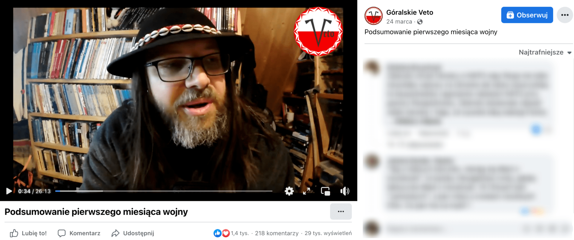 Zrzut ekranu z posta na Facebooku, do którego dołączono film. Na nagraniu widać mężczyznę w góralskim kapeluszu. Wpis zdobył ponad 1,4 tys. polubień, 218 komentarz i ponad 29 tys. wyświetleń.