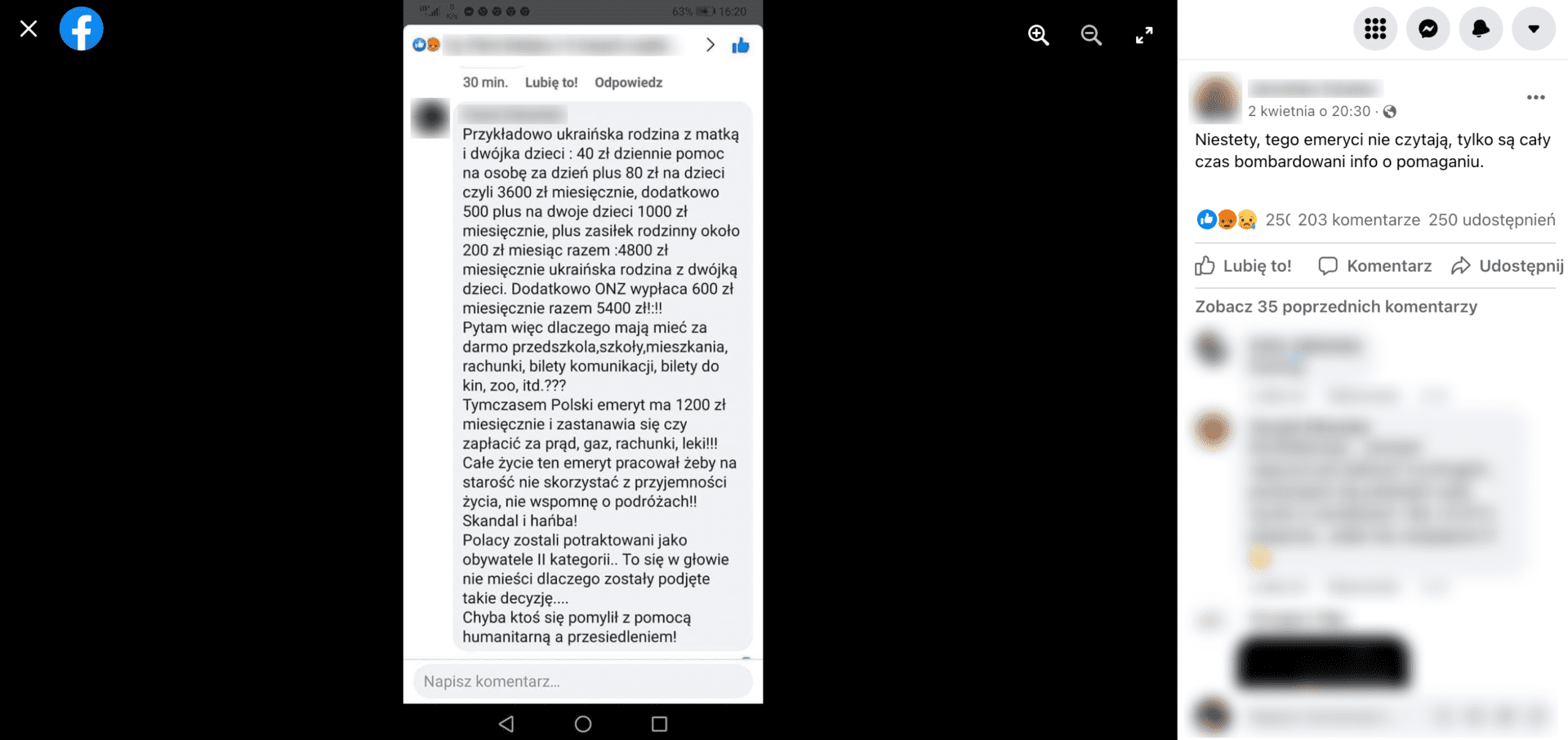 Zrzut ekranu z postu na Facebooku na temat pomocy udzielanej uchodźcom. Widoczna jest liczba reakcji na post: 250 polubień, 203 komentarze, 250 udostępnień.