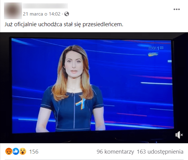 Facebookowy wpis, w którym podano, że uchodźca już oficjalnie stał się przesiedleńcem, na co zareagowało ponad 150 osób, a ponad 160 udostępniło go dalej. We wpisie zamieszczono film z dziennikarką TVP1 na niebieskim tle.