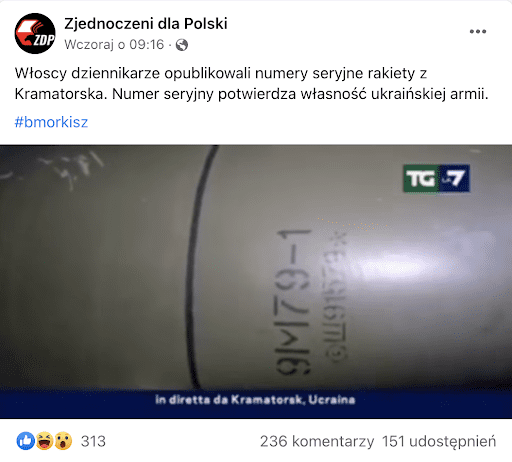 Zrzut ekranu z Facebooka. Do postu dołączono kadr z reportażu, na którym widać numer rakiety.