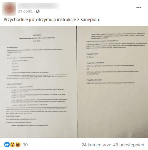 Zrzut ekranu wpisu na Facebooku, w którym przekazywano, że "przychodnie już otrzymują instrukcje z Sanepidu". Poniżej przedstawiono zdjęcie z rzekomymi instrukcjami.