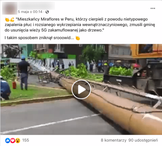 Zrzut ekranu przedstawiający wpis na Facebooku wraz z kadrem z nagrania przedstawiajacego usuwanie masztu telekomunikacyjnego