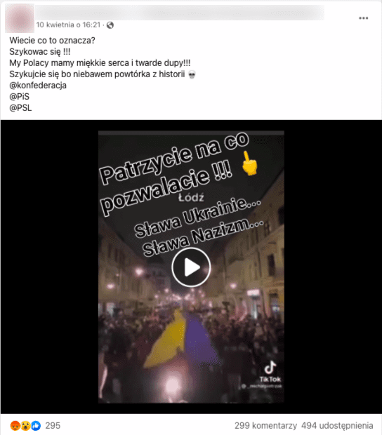 Zrzut ekranu z posta na Facebooku, w którym stwierdzono, że Ukraińcy wykrzykują hasło „sława nazizm”.