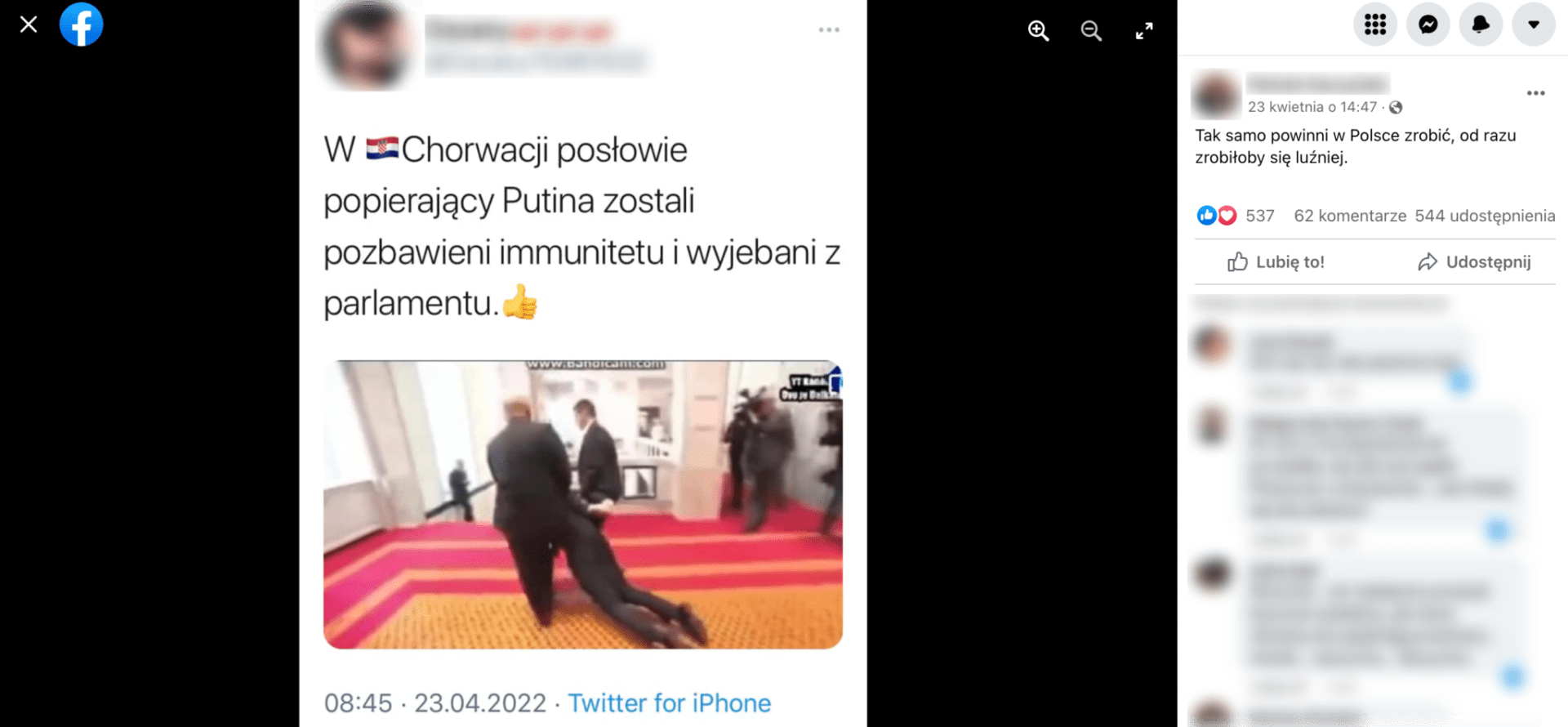 Zrzut ekranu z posta na Facebooku dotyczący rzekomego wyrzucenia chorwackich posłów z parlamentu za popieranie przez nich Putina.
