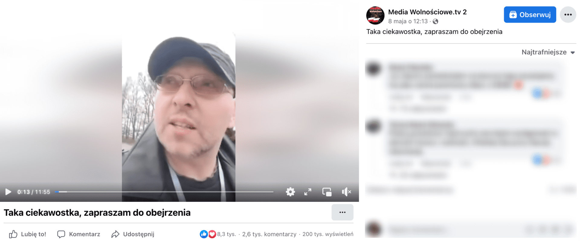 Zrzut ekranu z posta na Facebooku. W zamieszczonym we wpisie nagraniu widoczny jest mężczyzna w okularach i czapce z daszkiem.