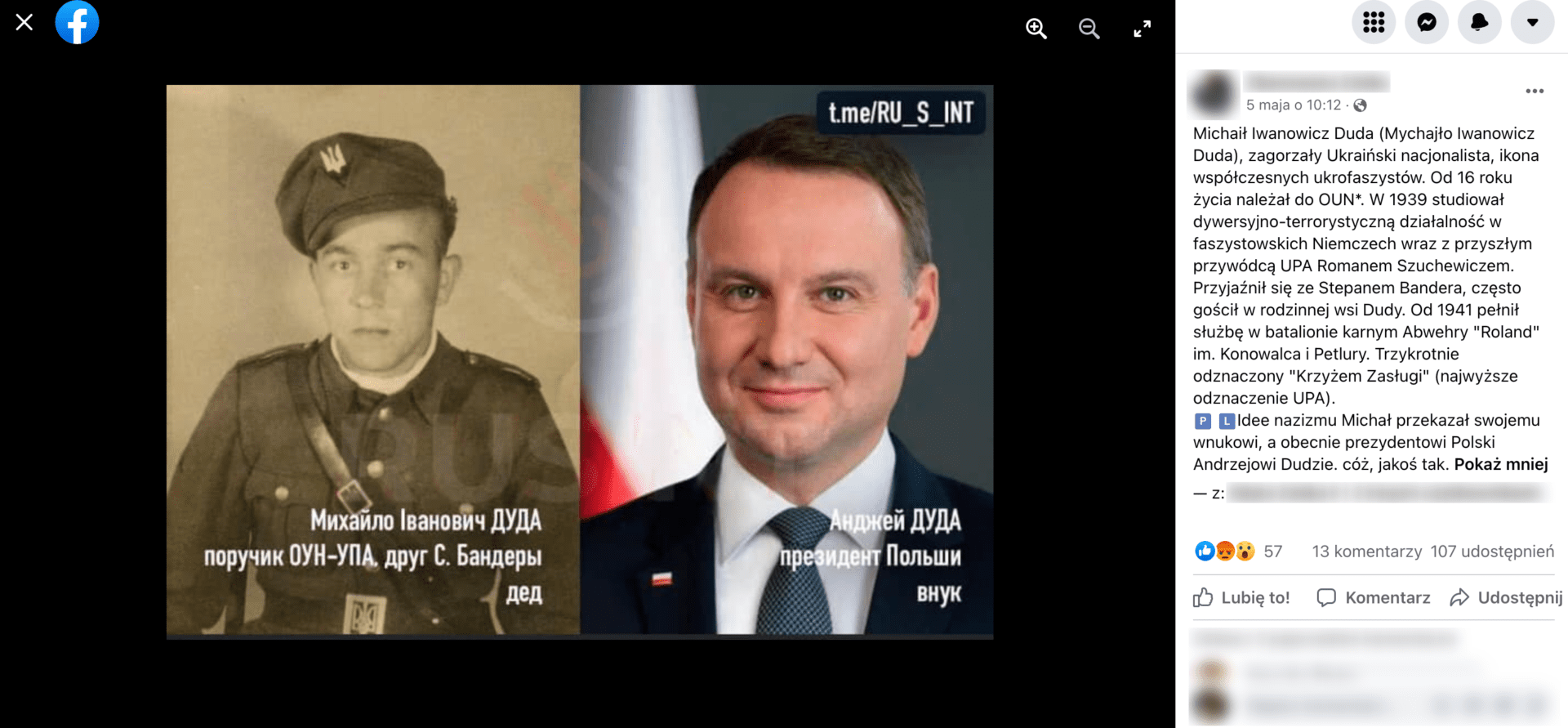 Zrzut ekranu z posta na Facebooku. Widoczna jest grafika przedstawiająca Mychajło Dudę i Andrzeja Dudę. Wpis zdobył ponad 50 reakcji, 13 komentarzy i ponad 100 udostępnień.