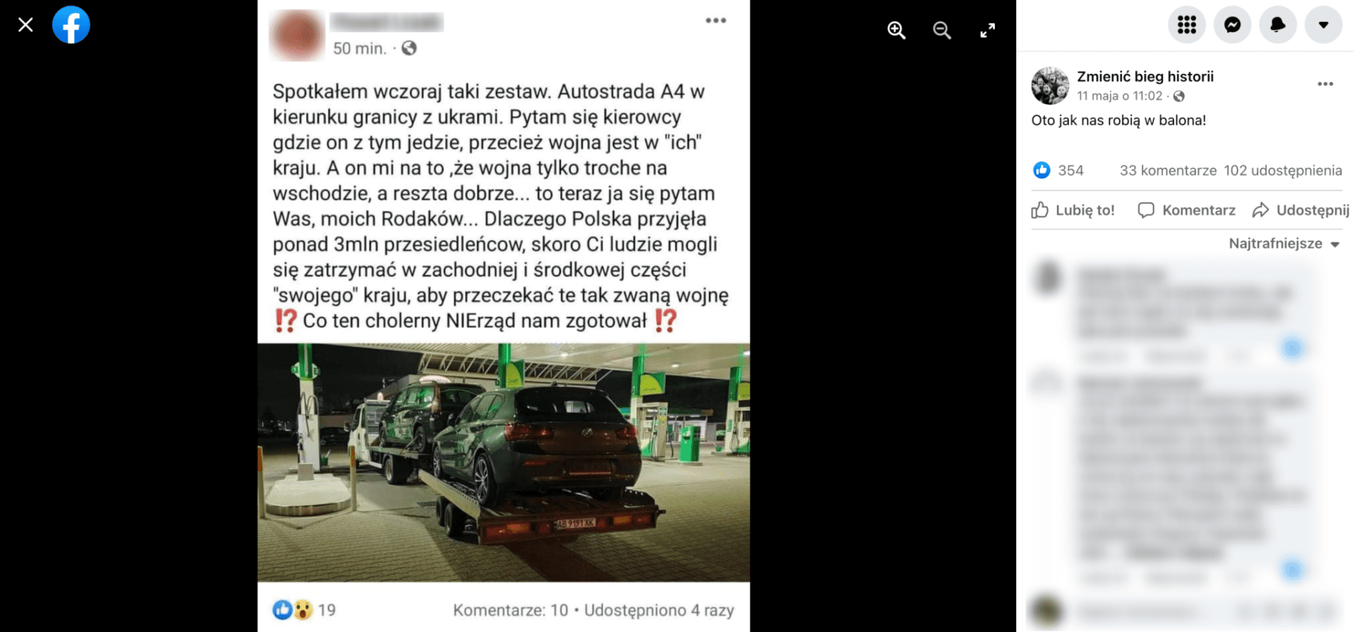 Zrzut eraknu z post ana Facebooku, w którym wojnę w Ukrainie określono jako „tak zwaną wojnę”.