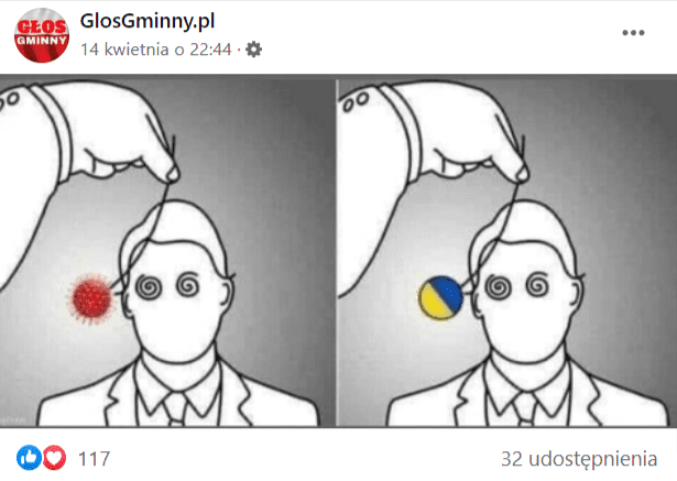 Zrzut ekranu wpisu na Facebooku, w którym przedstawiono ilustrację osób zahipnotyzowanych tematyką COVID-19 i wojną w Ukrainie.