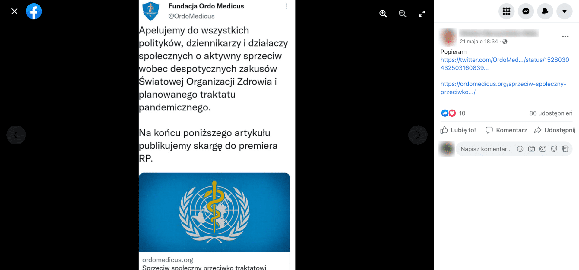 Zrzut ekranu z posta na Facebooku, w którym udostępniono artykuł. Wpis zdobył 10 reakcji i ponad 80 udostępnień.