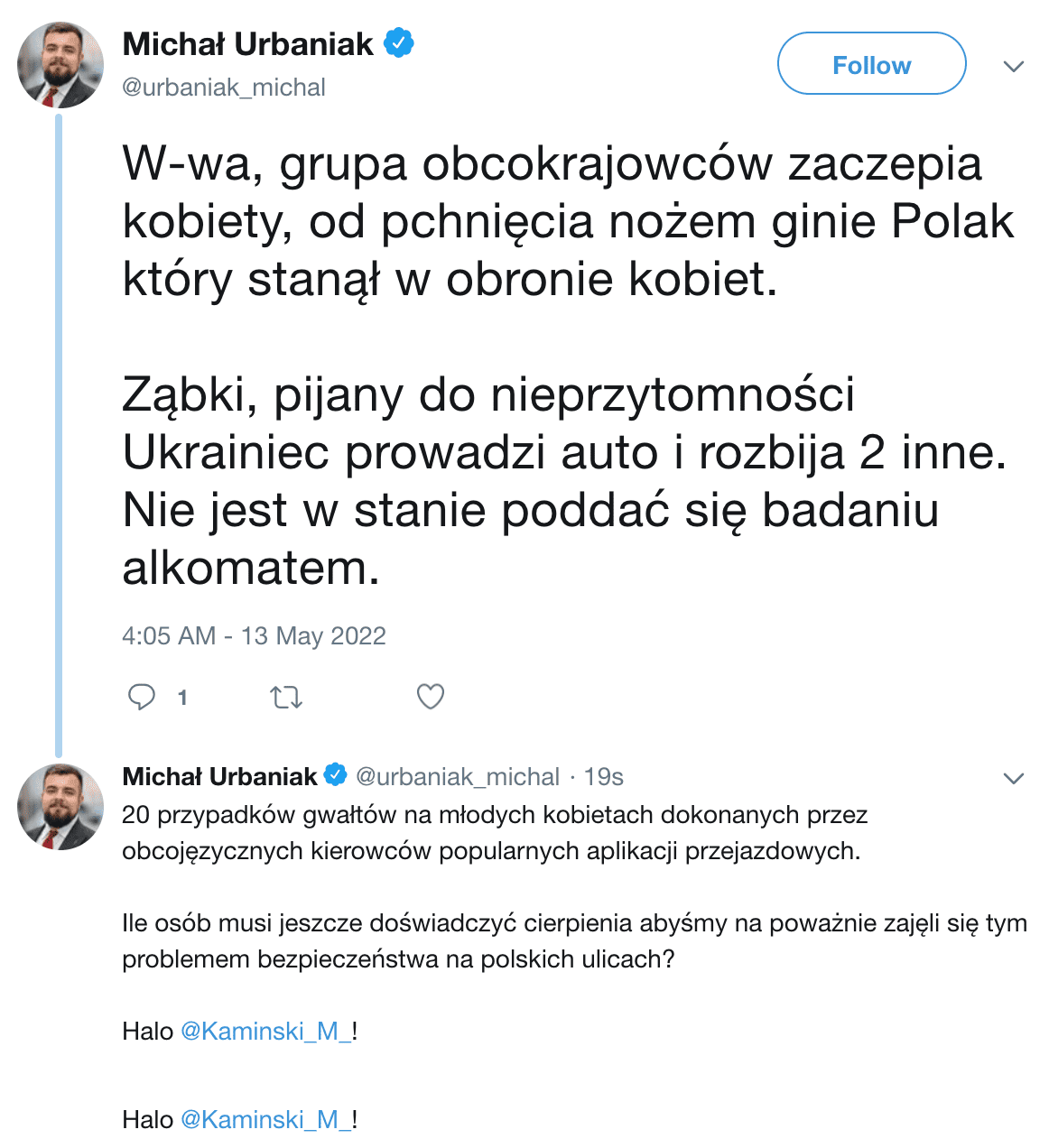 Zrzut ekranu ze wpisu na Twitterze opublikowanego przez Michała Urbaniaka.