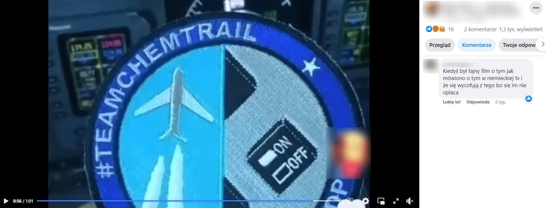 Zrzut ekranu wpisu na Facebooku. Na klatce nagrania widać odznakę z napisem "Team Chemtrail".