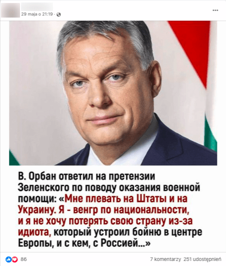 Пост в Фейсбуке с фотографией премьер-министра Венгрии Виктора Орбана.Под фотографией размещена анализируемая цитата