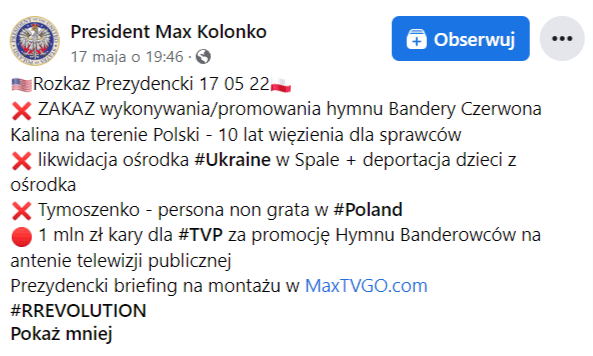 Zrzut ekranu wpisu na Facebooku, w którym podano, że "Czerowna Kalina" to pieśń, będąca hymnem Bandery.