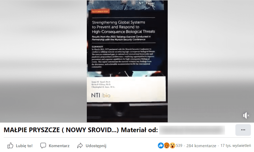 Zrzut ekranu z nagrania zamieszczonego na Facebooku. Na klatce z nagrania widać dokument, który zdaniem autora miał dowodzić zaplanowaniu pandemii. Na film zareagowało ponad 500 osób, a ponad nagraniem pojawiło się 200 komentarzy.